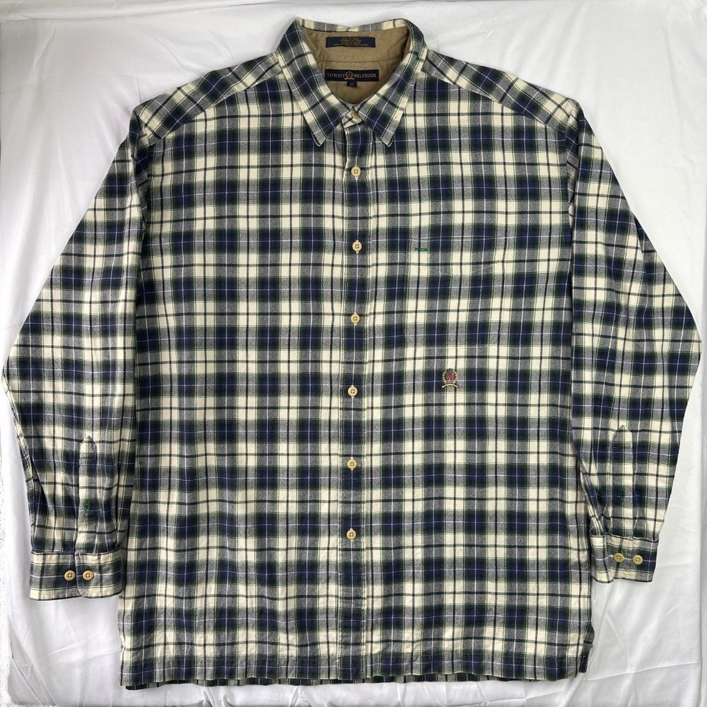 Vintage Tommy Hilfiger Flannel Shirt Men's Size XL Blue & White Green Cotton